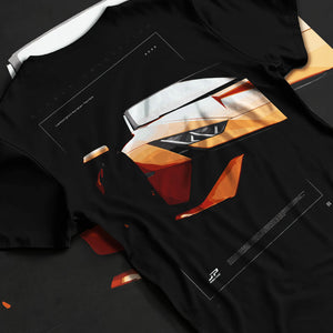 Black T-shirt laid flat with natural fabric folds, featuring Lamborghini Huracan street racing performance motorsport graphic.
