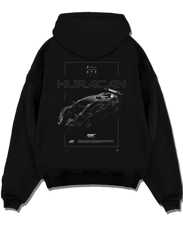 Black pullover hoodie laid flat on a white background, featuring Lamborghini Huracan gt3 evo racing enthusiast street graphic.
