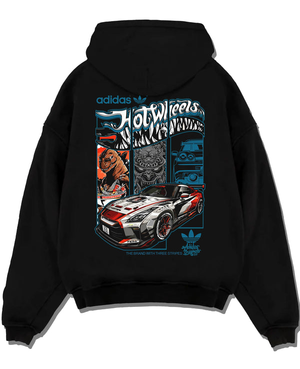 Black pullover hoodie laid flat on a white background, featuring NISSAN gt r ls racing drift jdm japanese street retro graphic.