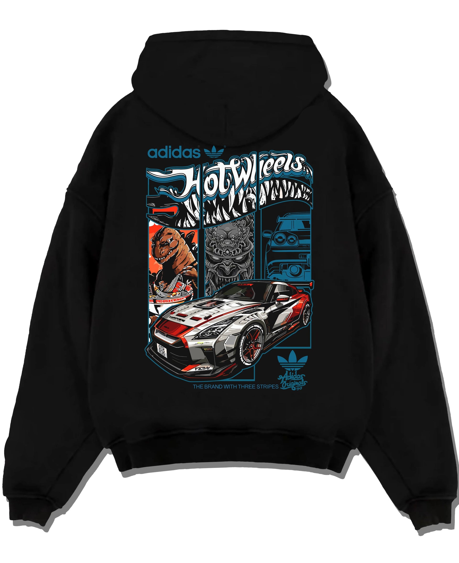 Black pullover hoodie laid flat on a white background, featuring NISSAN gt r ls racing drift jdm japanese street retro graphic.