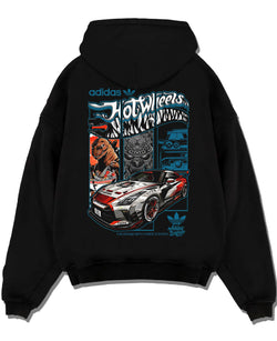 Black pullover hoodie laid flat on a white background, featuring NISSAN gt r ls racing drift jdm japanese street retro graphic.