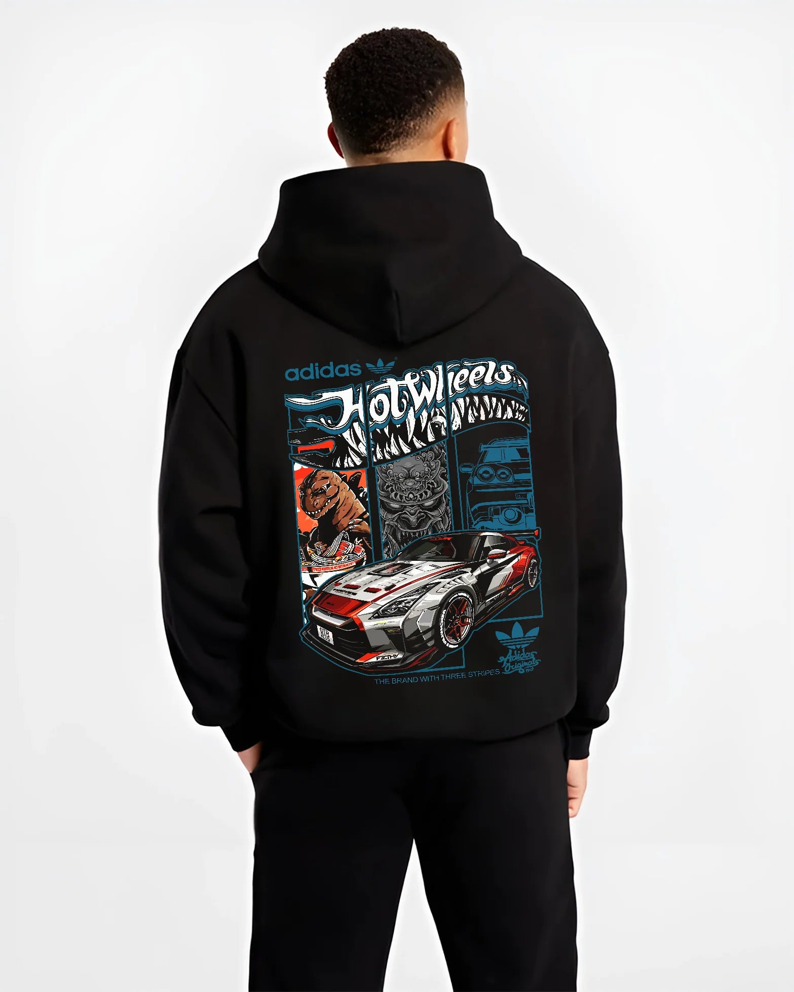 Black hoodie worn by a male model, back view, featuring NISSAN gt r ls racing drift jdm japanese street retro graphic.