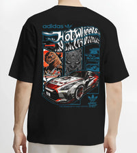 Black T-shirt worn by a male model, back view, featuring NISSAN gt r ls racing drift jdm japanese street retro graphic.