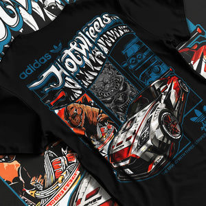 Black T-shirt laid flat with natural fabric folds, featuring NISSAN gt r ls racing drift jdm japanese street retro graphic.