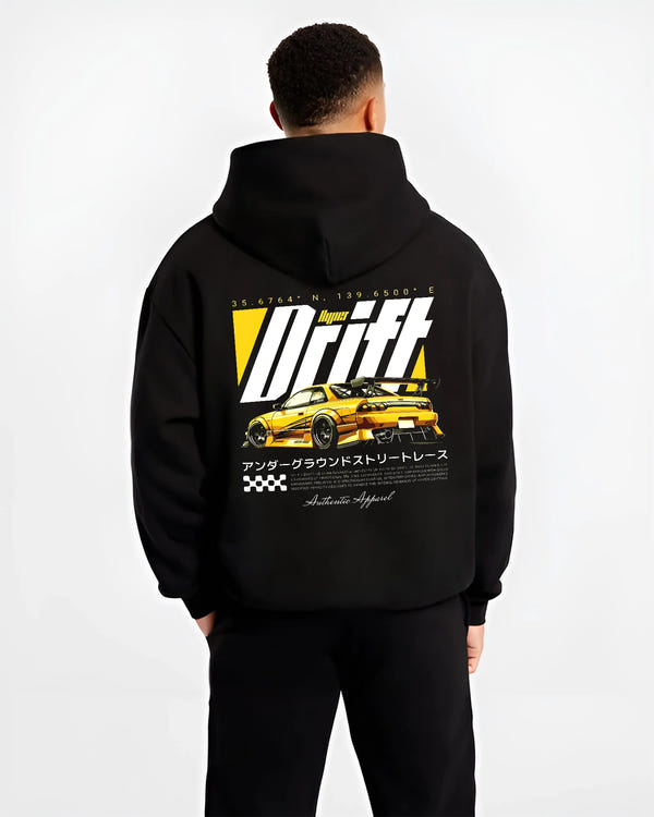 Black hoodie worn by a male model, back view, featuring racing drift jdm japanese tuner street legend performance graphic.