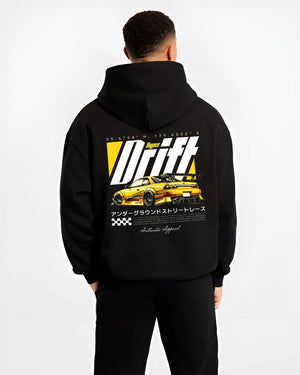 Black hoodie worn by a male model, back view, featuring racing drift jdm japanese tuner street legend performance graphic.
