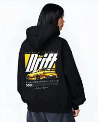 Black hoodie worn by a female model, back view, featuring racing drift jdm japanese tuner street legend performance graphic.