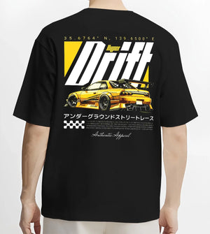 Black T-shirt worn by a male model, back view, featuring racing drift jdm japanese tuner street legend performance graphic.