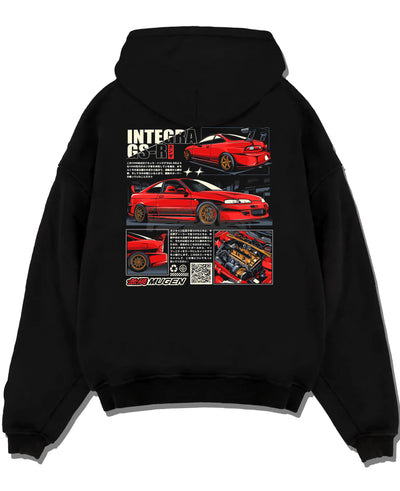 Black pullover hoodie laid flat on a white background, featuring Honda Integra drift jdm japanese tuning racing street graphic.