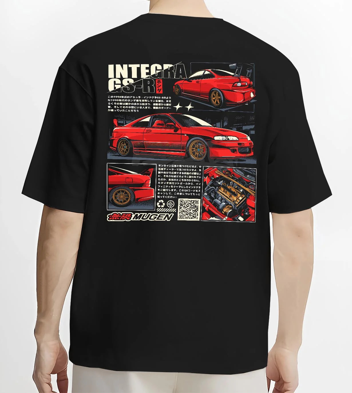 Black T-shirt worn by a male model, back view, featuring Honda Integra drift jdm japanese tuning racing street graphic.