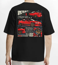 Black T-shirt worn by a male model, back view, featuring Honda Integra drift jdm japanese tuning racing street graphic.