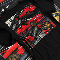 Black T-shirt laid flat with natural fabric folds, featuring Honda Integra drift jdm japanese tuning racing street graphic.