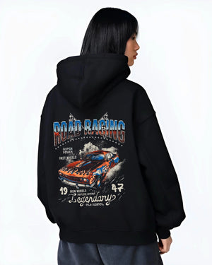 Black hoodie worn by a female model, back view, featuring rs ls racing muscle vintage street performance motorsport graphic.