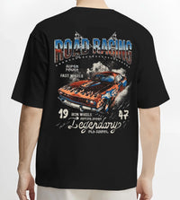 Black T-shirt worn by a male model, back view, featuring rs ls racing muscle vintage street performance motorsport graphic.