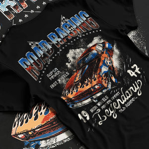 Black T-shirt laid flat with natural fabric folds, featuring rs ls racing muscle vintage street performance motorsport graphic.