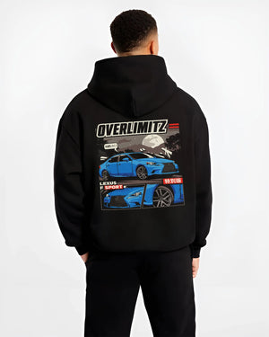 Black hoodie worn by a male model, back view, featuring Lexus IS250 jdm street racing performance motorsport automotive graphic.