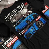 Black T-shirt laid flat with natural fabric folds, featuring Lexus IS250 jdm street racing performance motorsport graphic.