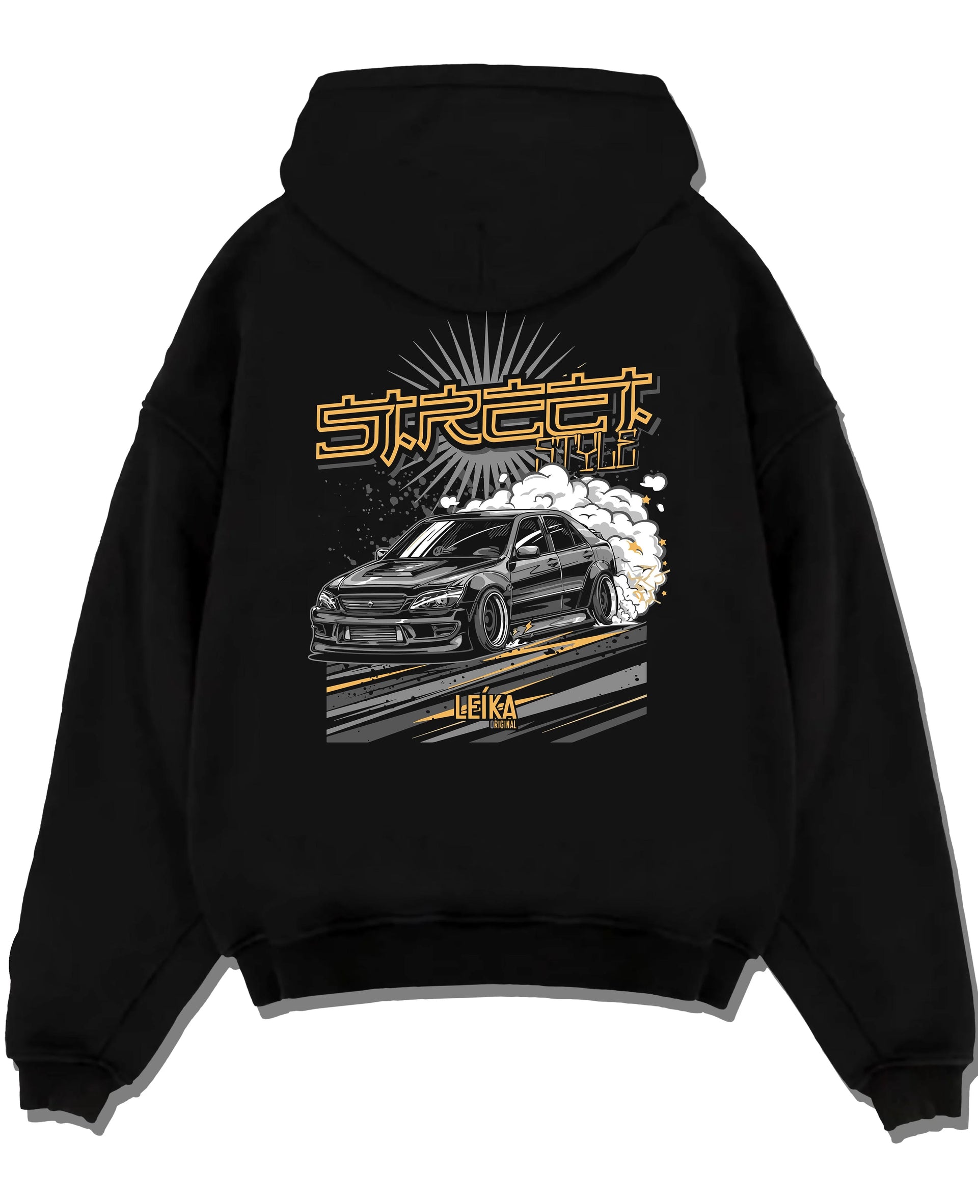 Black pullover hoodie laid flat on a white background, featuring Lexus rs drift tuner street enthusiast racing performance graphic.