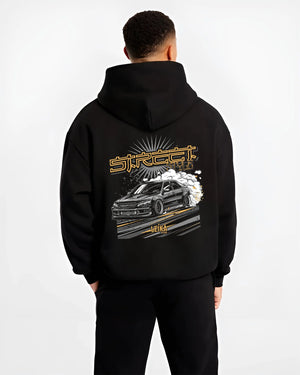 Black hoodie worn by a male model, back view, featuring Lexus rs drift tuner street enthusiast racing performance graphic.