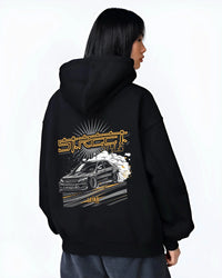 Black hoodie worn by a female model, back view, featuring Lexus rs drift tuner street enthusiast racing performance graphic.