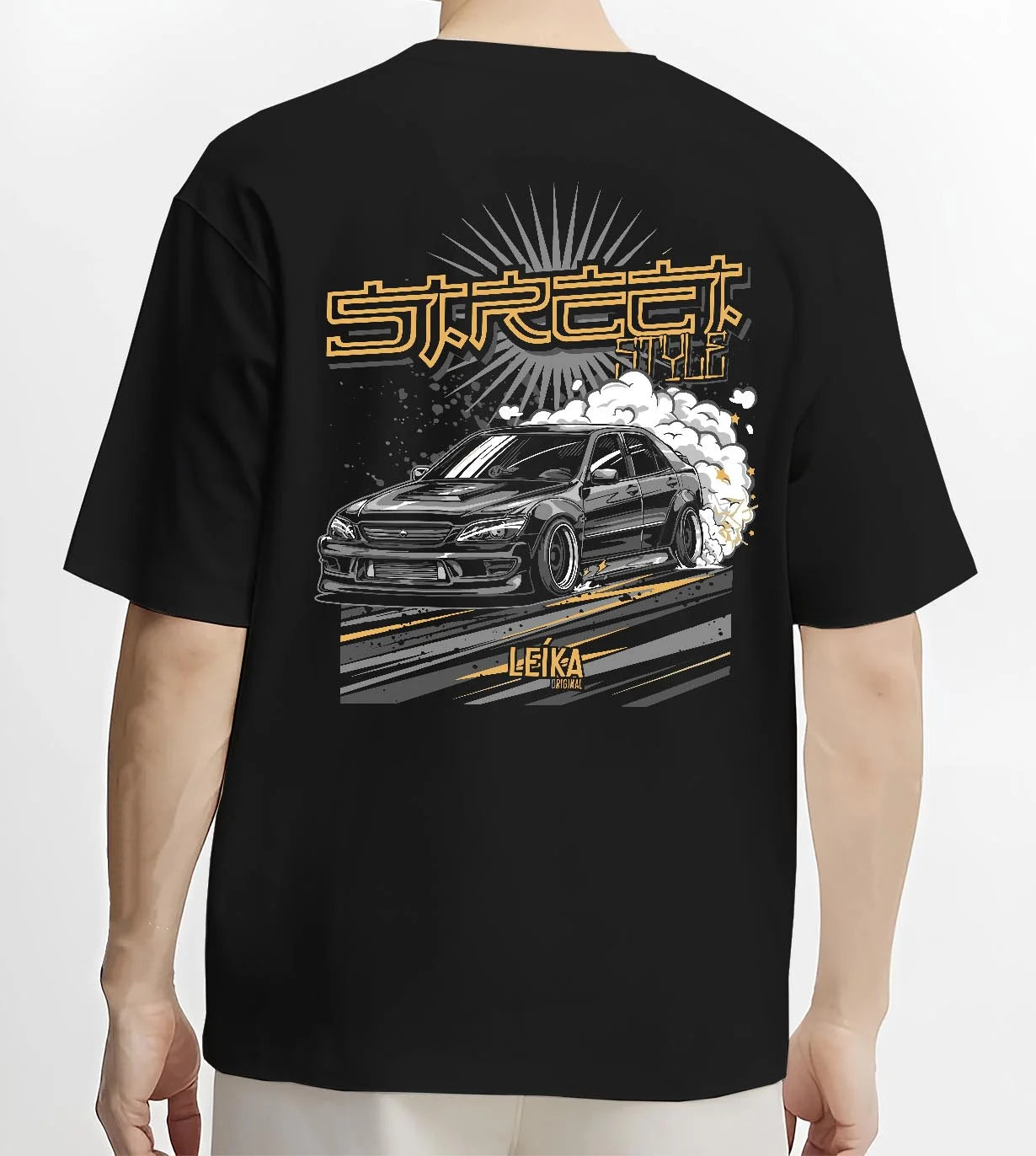 Black T-shirt worn by a male model, back view, featuring Lexus rs drift tuner street enthusiast racing performance graphic.
