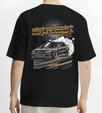 Black T-shirt worn by a male model, back view, featuring Lexus rs drift tuner street enthusiast racing performance graphic.