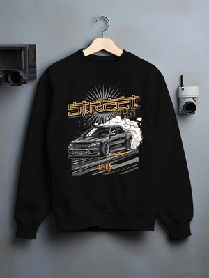 Black crewneck sweatshirt on a hanger against a grey wall, featuring Lexus rs drift tuner street enthusiast racing graphic.