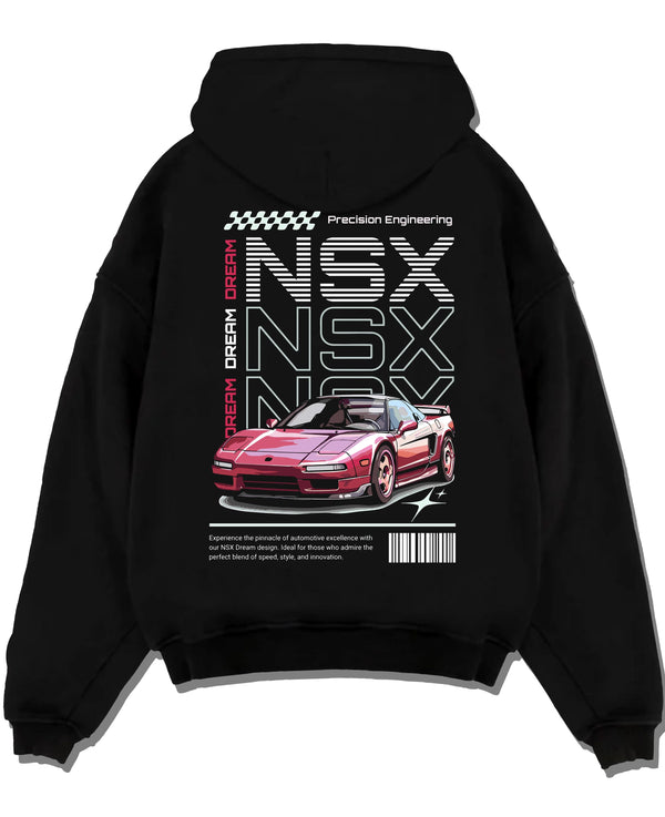 Black pullover hoodie laid flat on a white background, featuring Honda rs racing motorsport jdm street classic performance graphic.