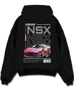 Black pullover hoodie laid flat on a white background, featuring Honda rs racing motorsport jdm street classic performance graphic.