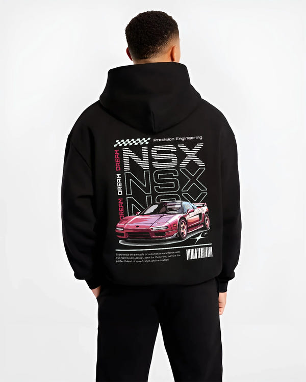 Black hoodie worn by a male model, back view, featuring Honda rs racing motorsport jdm street classic performance graphic.