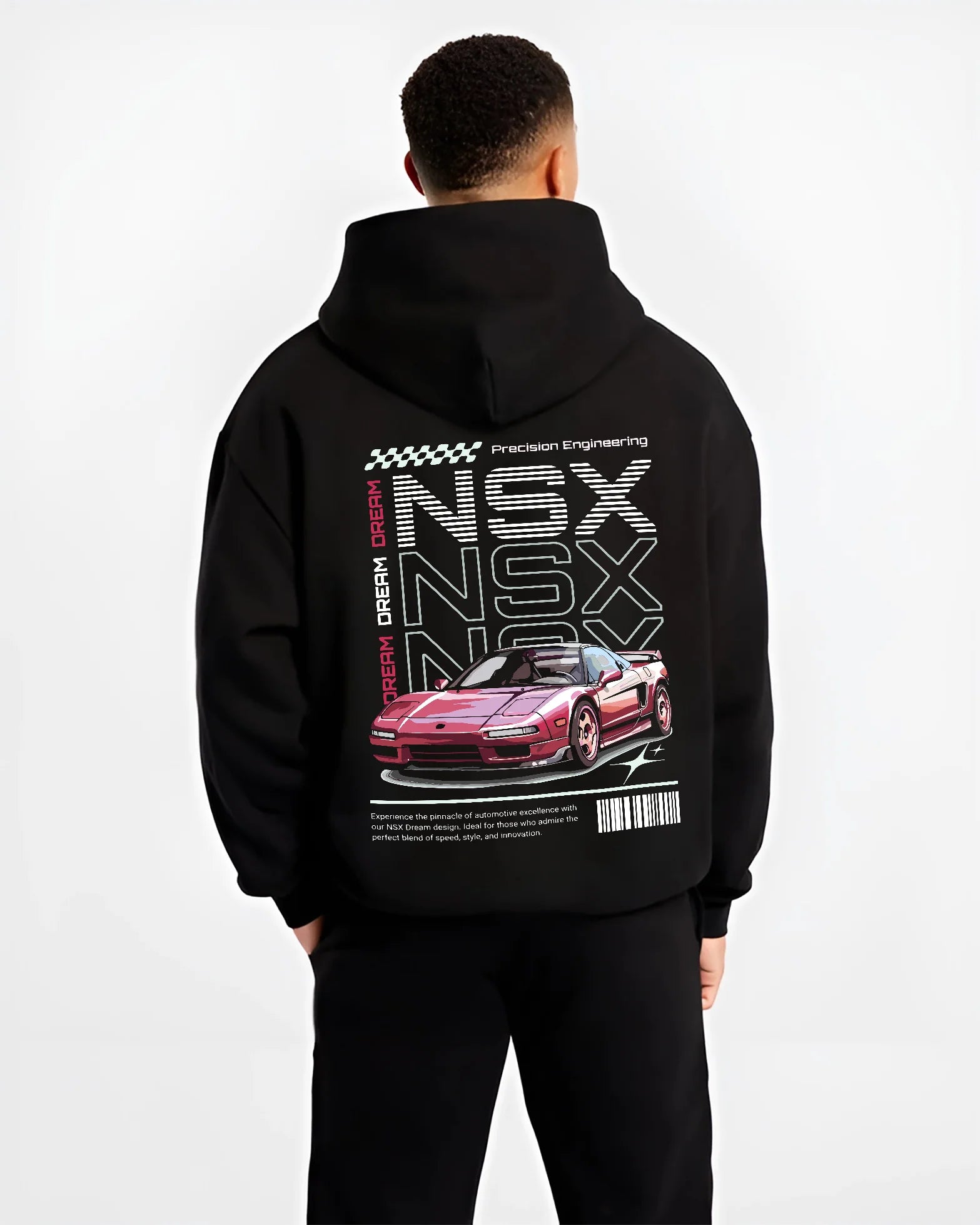 Black hoodie worn by a male model, back view, featuring Honda rs racing motorsport jdm street classic performance graphic.