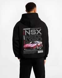 Black hoodie worn by a male model, back view, featuring Honda rs racing motorsport jdm street classic performance graphic.