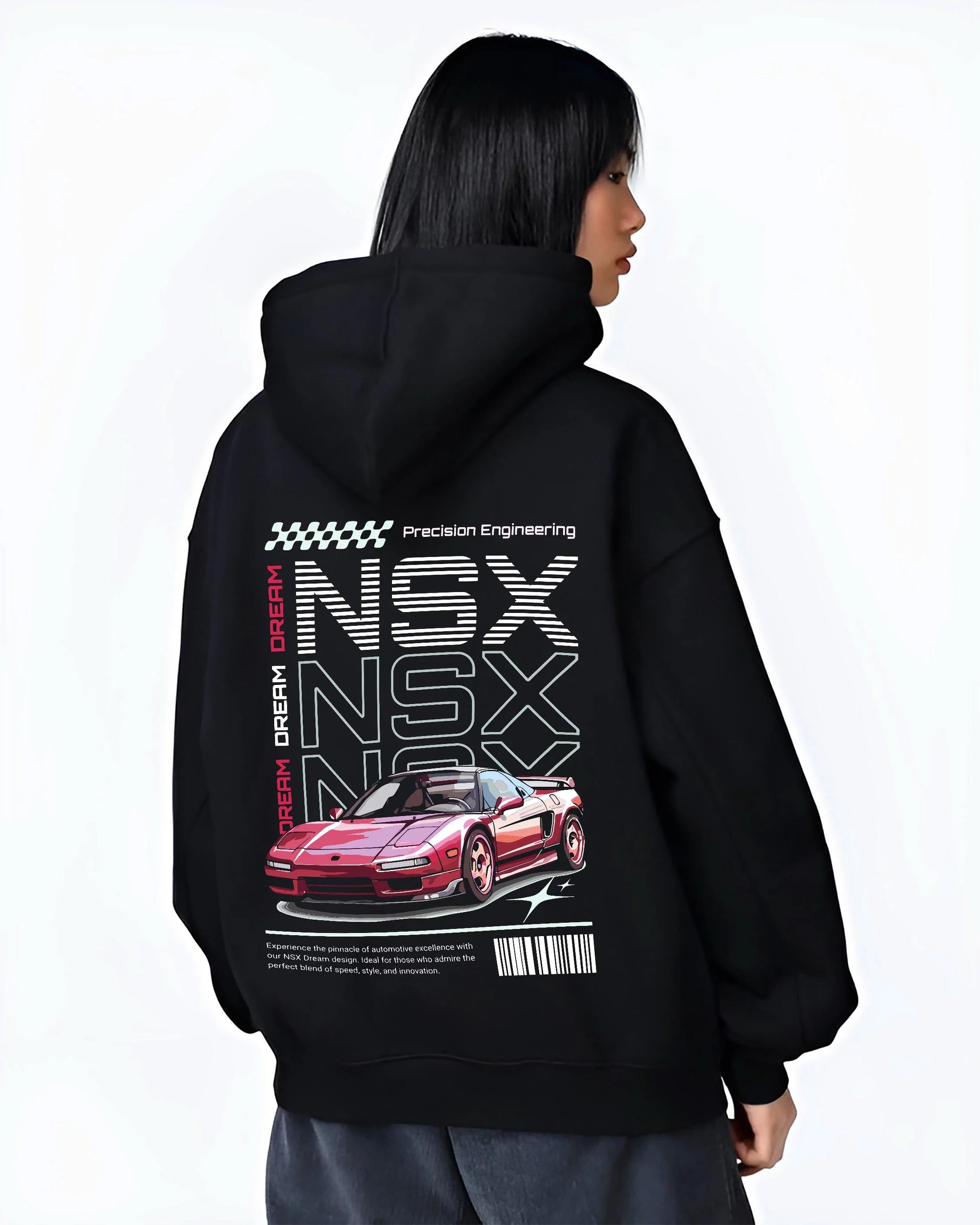 Black hoodie worn by a female model, back view, featuring Honda rs racing motorsport jdm street classic performance graphic.