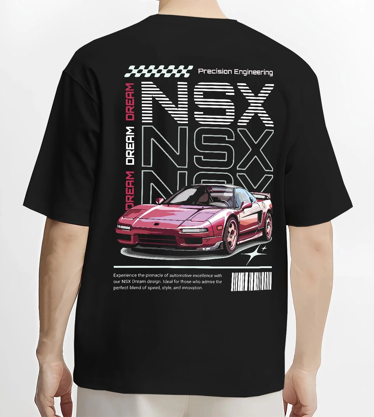 Black T-shirt worn by a male model, back view, featuring Honda rs racing motorsport jdm street classic performance graphic.