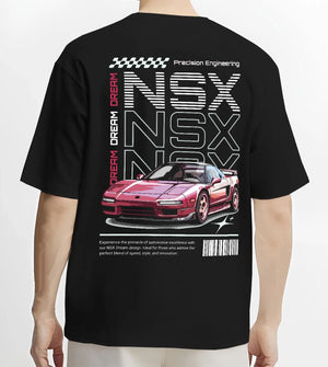 Black T-shirt worn by a male model, back view, featuring Honda rs racing motorsport jdm street classic performance graphic.