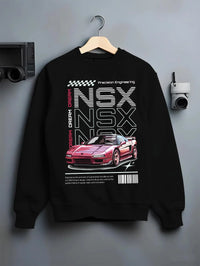 Black crewneck sweatshirt on a hanger against a grey wall, featuring Honda rs racing motorsport jdm street classic graphic.
