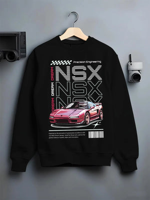 Black crewneck sweatshirt on a hanger against a grey wall, featuring Honda rs racing motorsport jdm street classic graphic.