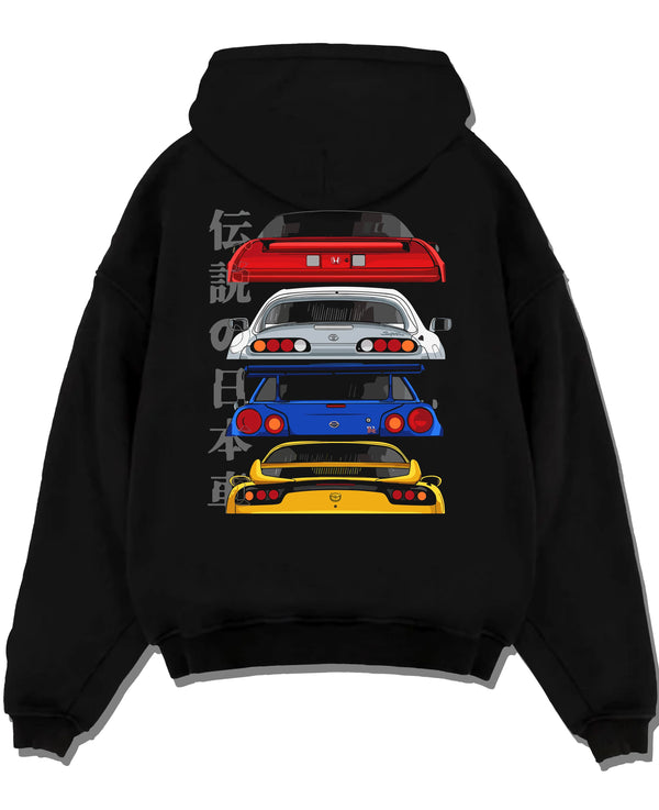 Black pullover hoodie laid flat on a white background, featuring drift jdm japanese tuner legend racing street performance graphic.