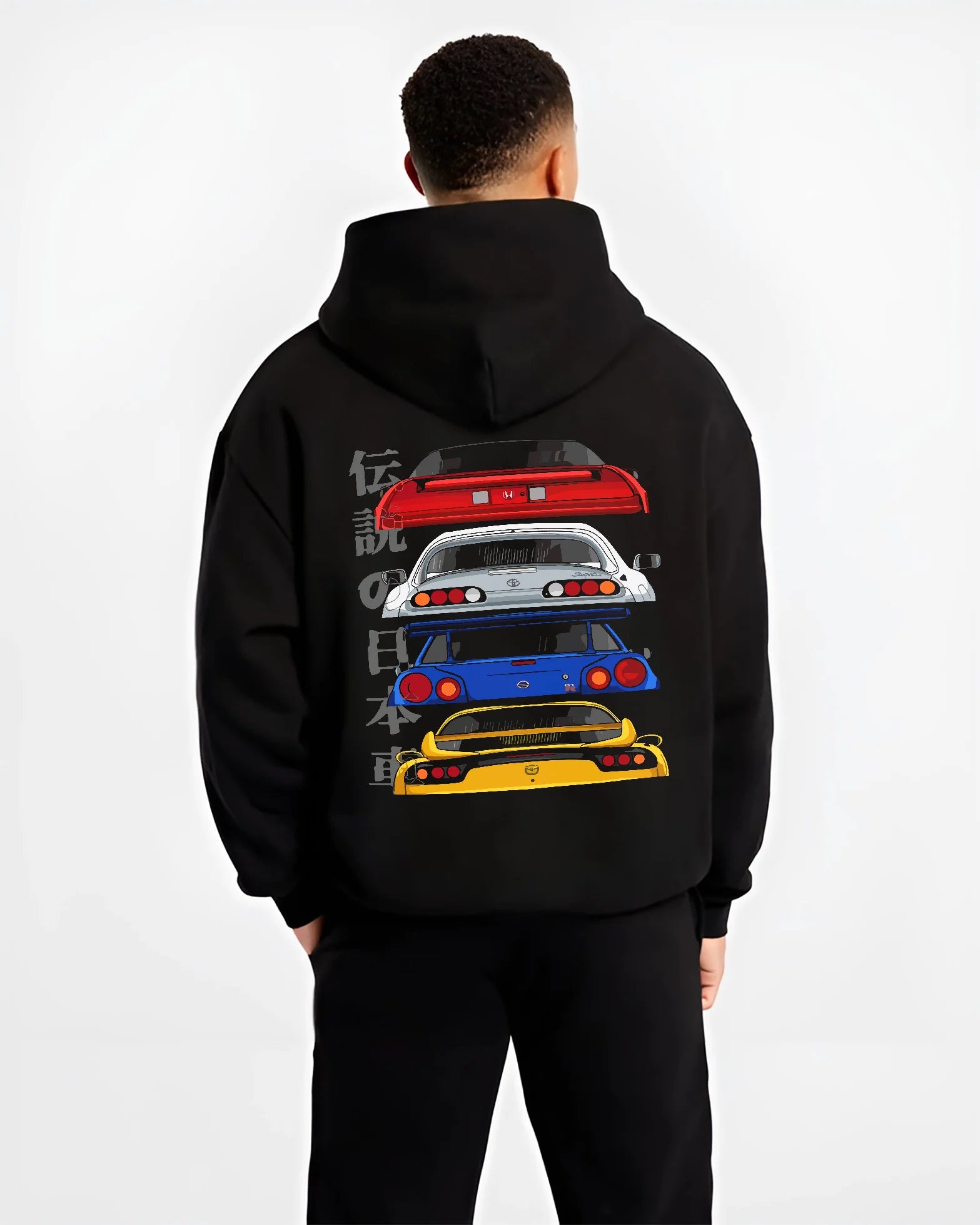 Black hoodie worn by a male model, back view, featuring drift jdm japanese tuner legend racing street performance graphic.