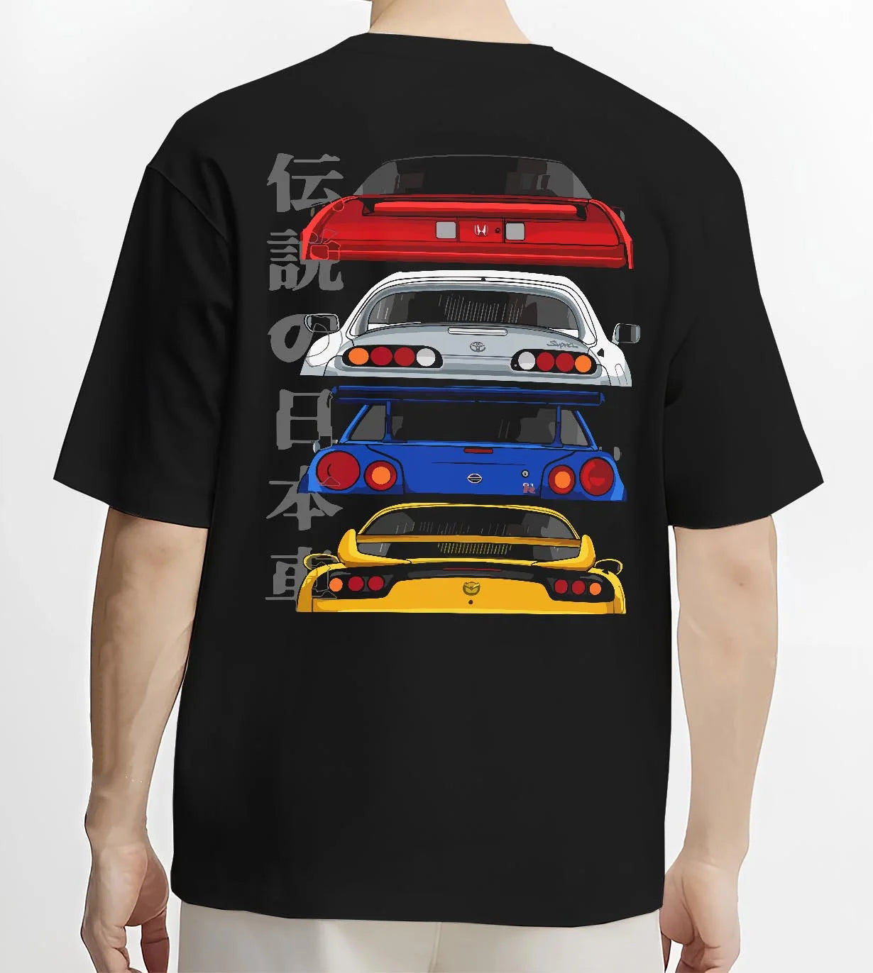 Black T-shirt worn by a male model, back view, featuring drift jdm japanese tuner legend racing street performance graphic.