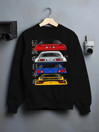 Black crewneck sweatshirt on a hanger against a grey wall, featuring drift jdm japanese tuner legend racing street graphic.