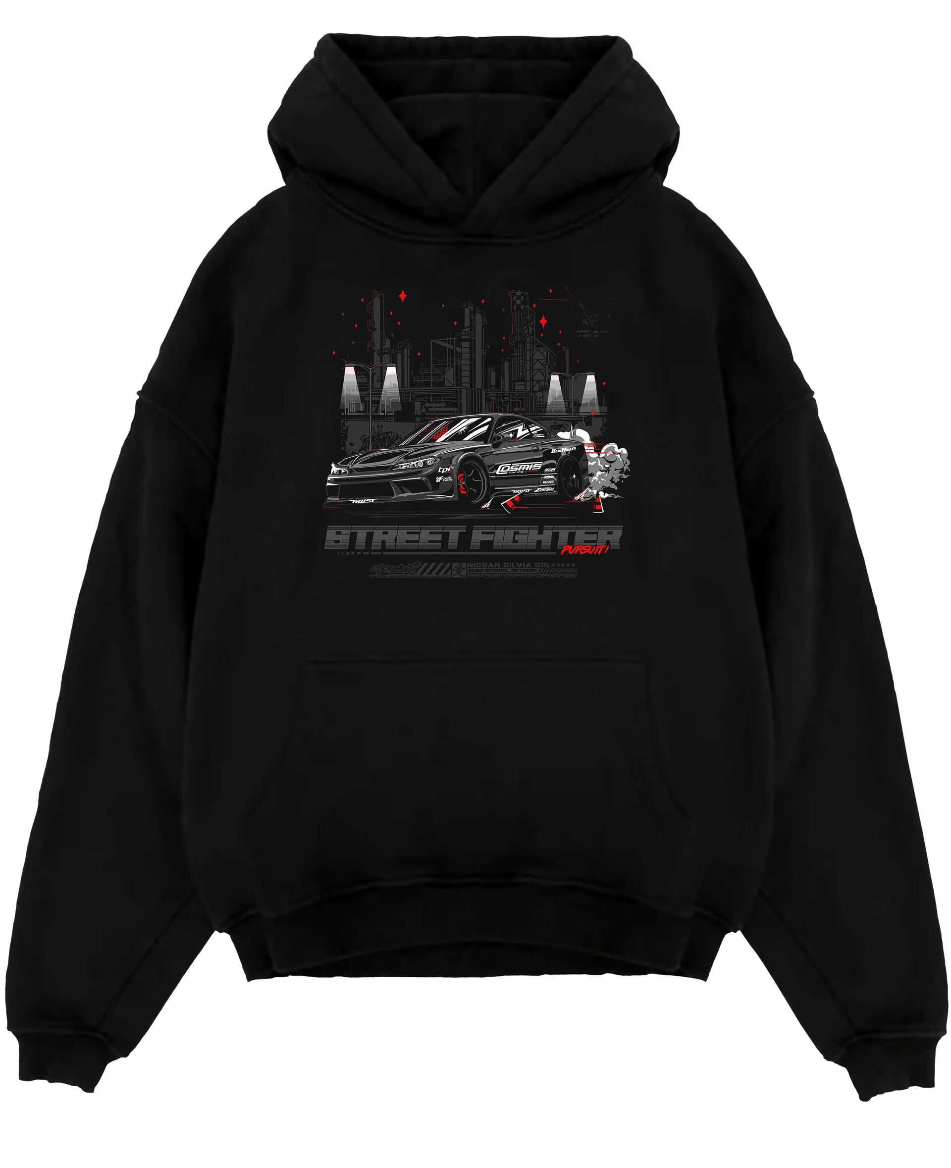 Black pullover hoodie laid flat on a white background, featuring rs racing drift jdm tuner street enthusiast performance graphic.