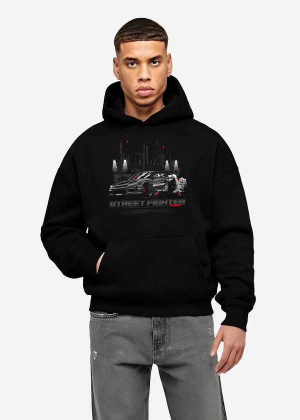 Black hoodie worn by a male model, front view, featuring rs racing drift jdm tuner street enthusiast performance graphic.