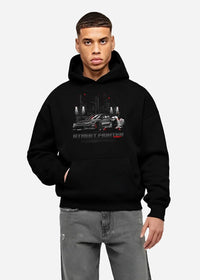 Black hoodie worn by a male model, front view, featuring rs racing drift jdm tuner street enthusiast performance graphic.