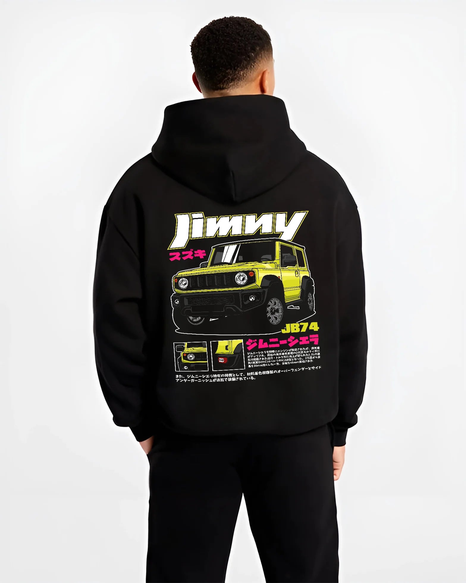 Black hoodie worn by a male model, back view, featuring Suzuki japanese racing street performance motorsport automotive graphic.