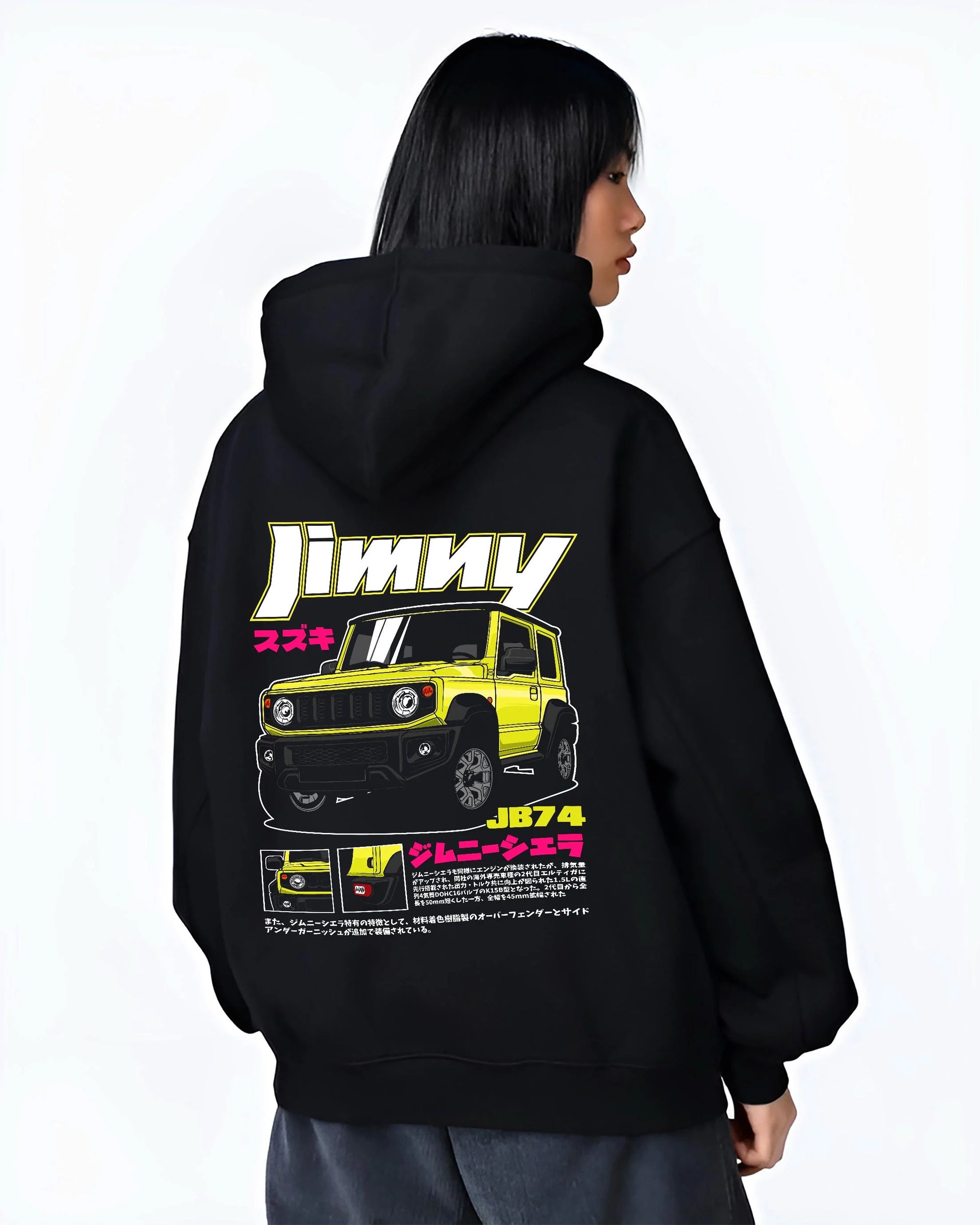 Black hoodie worn by a female model, back view, featuring Suzuki japanese racing street performance motorsport automotive graphic.