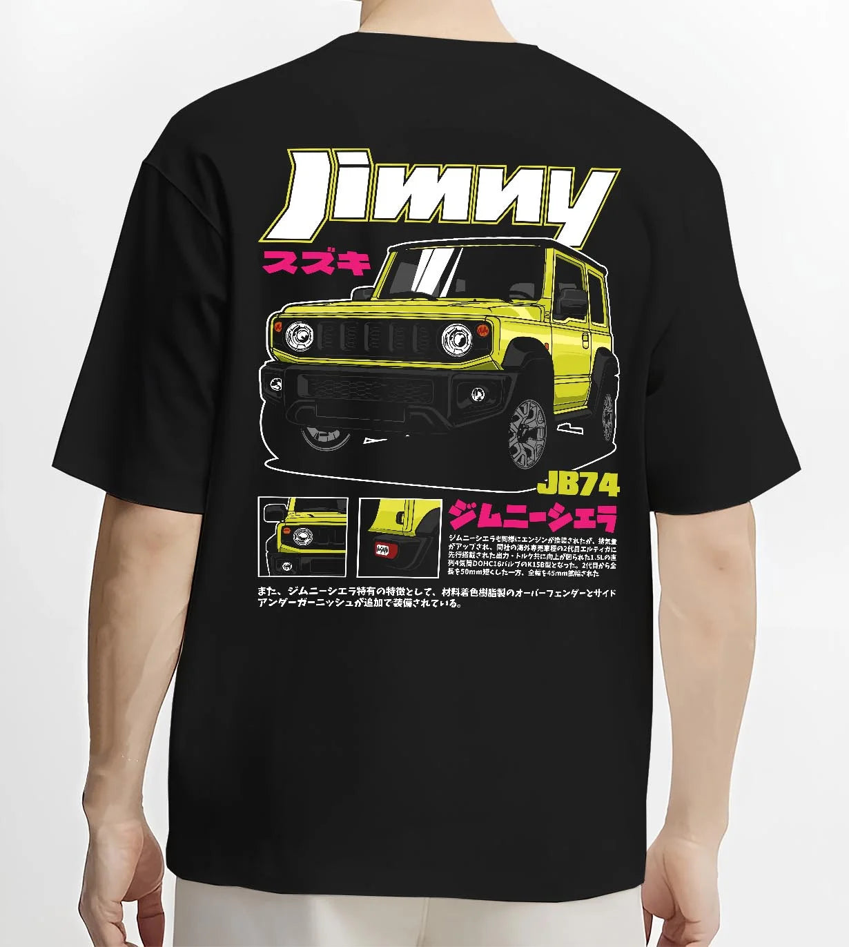 Black T-shirt worn by a male model, back view, featuring Suzuki japanese racing street performance motorsport automotive graphic.