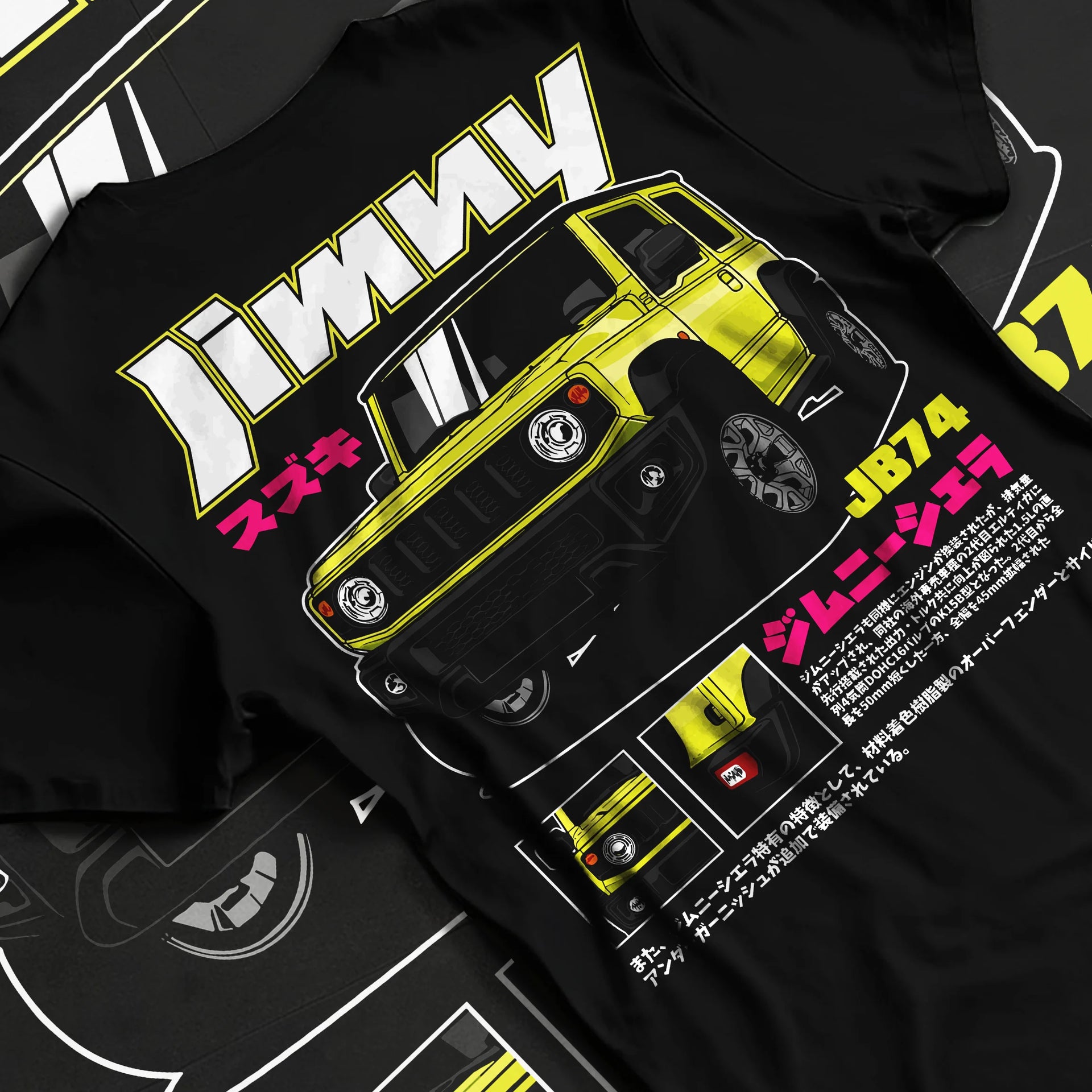 Black T-shirt laid flat with natural fabric folds, featuring Suzuki japanese racing street performance motorsport graphic.