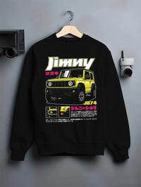 Black crewneck sweatshirt on a hanger against a grey wall, featuring Suzuki japanese racing street performance motorsport graphic.