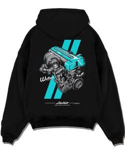 Black pullover hoodie laid flat on a white background, featuring Toyota turbo 2jz drift jdm japanese tuner enthusiast graphic.